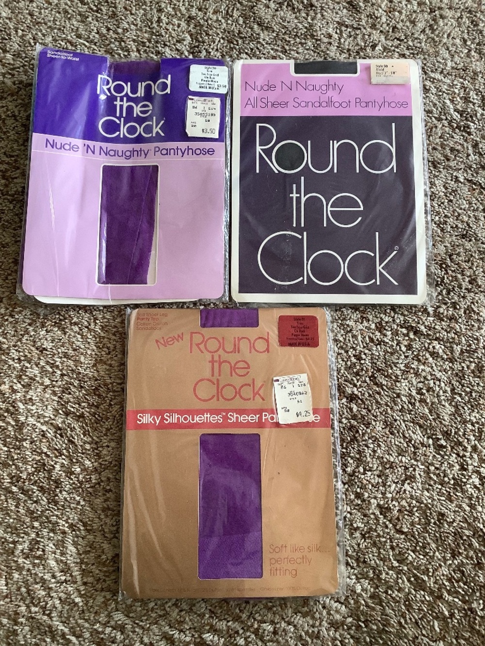 Lot of 3 Round The Clock PANTYHOSE Nylons Purple & Black SIZE Trim & Model NEW